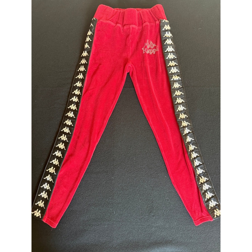 Kappa Track Pants Girls Medium Red Excellent Rhinestone Logo Omini‎ Tape Velour
